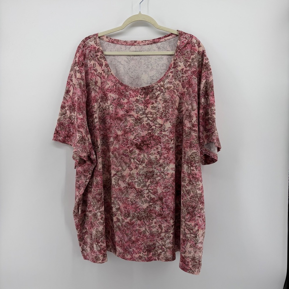 Catherines Womens 5X Pink Floral T-Shirt Scoop Neck Short Sleeve Cotton Stretch